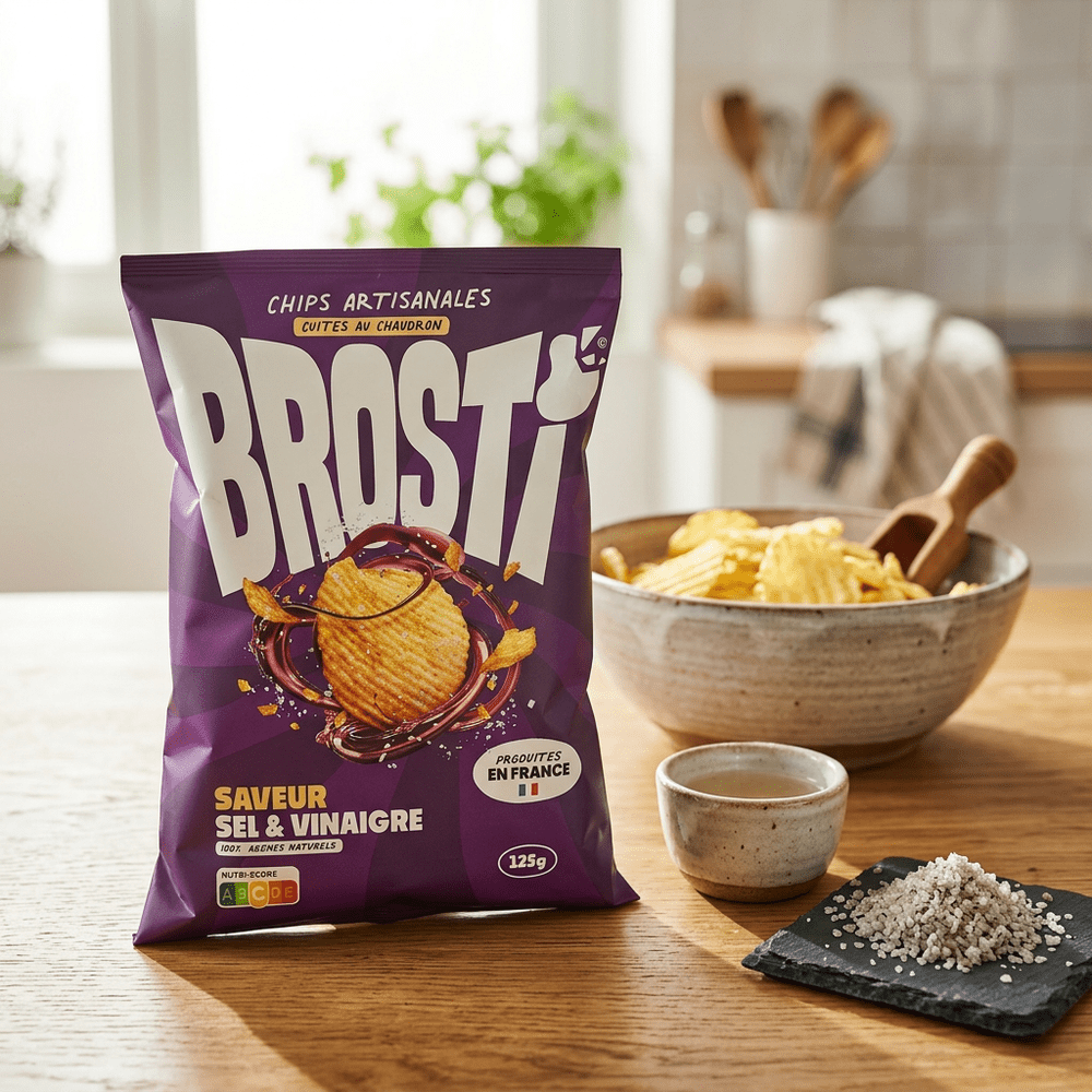 Le paquet de snack salé Brosti Sel & Vinaigre de McFly & Carlito est posé sur un plan de travail en bois dans une cuisine, à côté du paquet de chips se trouve un petit pot de vinaigre, un tas de sel et un bol de chips – disponible sur My American Shop