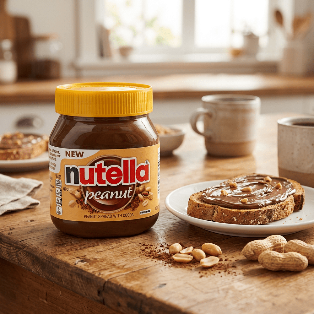 Le pot de Nutella Peanut est posé sur une table en bois dans une cuisine, à coté du pot de Nutella se trouve des arachides/ des cacahouètes et une tartine de pain avec du Nutella Peanut sur le dessus – disponible sur My American Shop