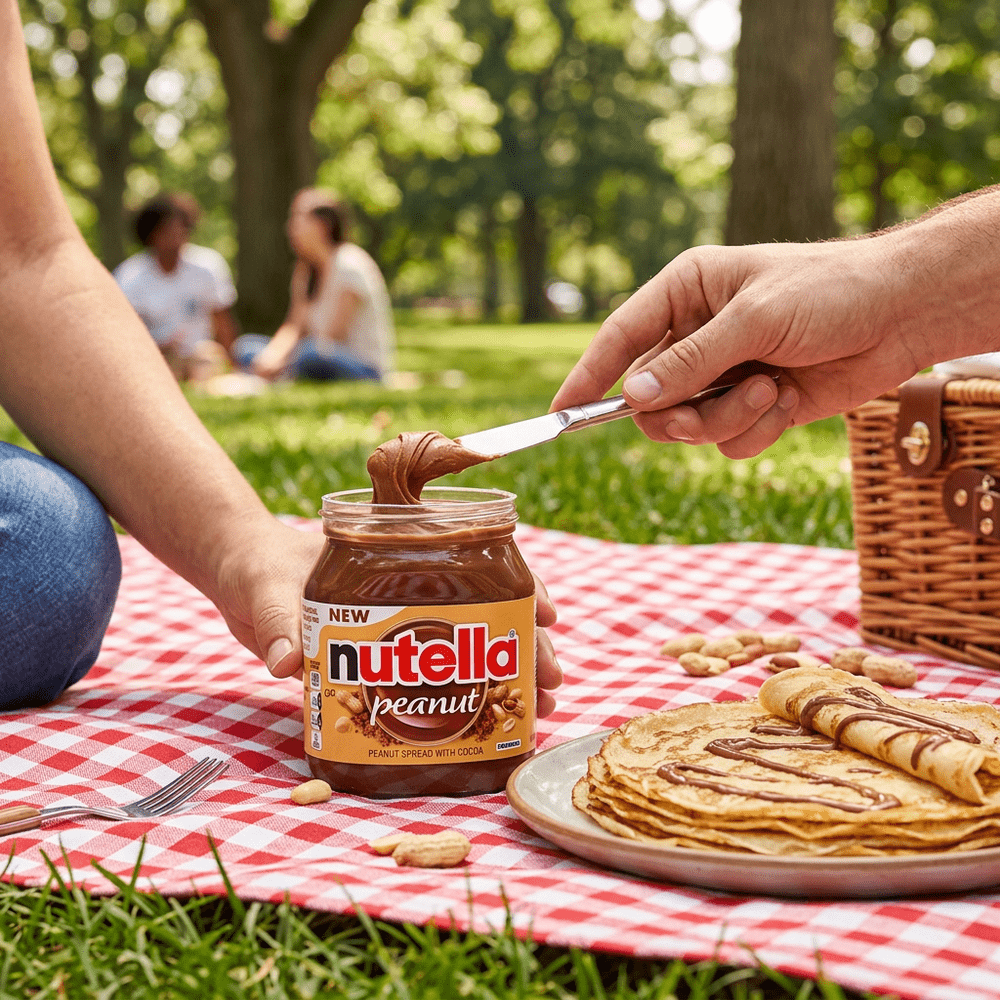 Le pot de Nutella Peanut est posé sur une nappe de pique nique dans un parc, une personne se sert avec un couteau dans le pot de pâte à tartiner de Nutella Peanut, à coté se trouve une assiette de crêpes – disponible sur My American Shop