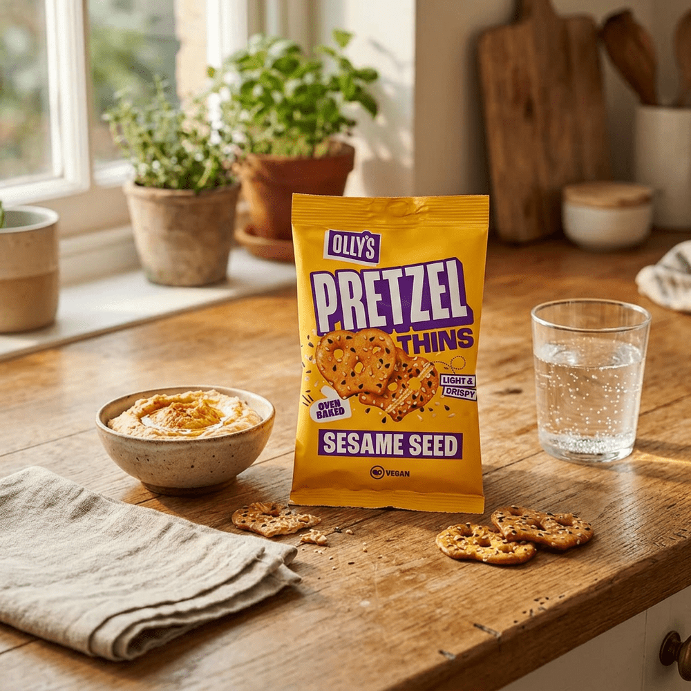 Le paquet de snack salé Olly's Pretzel Thins Multi Seed & Sesam est posé sur un plan de travail en bois avec des ustensiles de cuisine, des plantes aromatiques et une fenêtre – disponible sur My American Shop