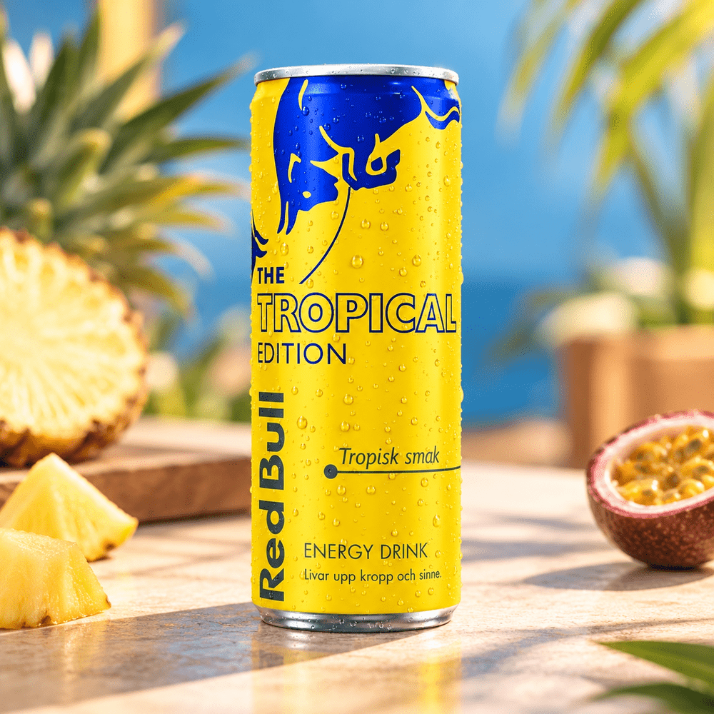 Canette jaune Red Bull Tropical Edition, boisson énergisante au goût tropical avec gouttes de fraîcheur, ananas et fruit de la passion.