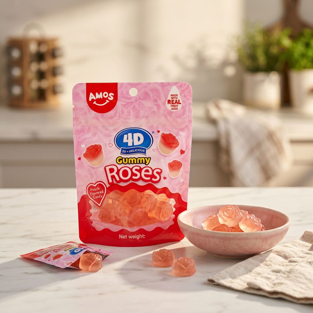 Amos 4D Gummy Roses, bonbons gélifiés en forme de roses, saveur fruitée, confiserie premium, disponible sur My American Shop