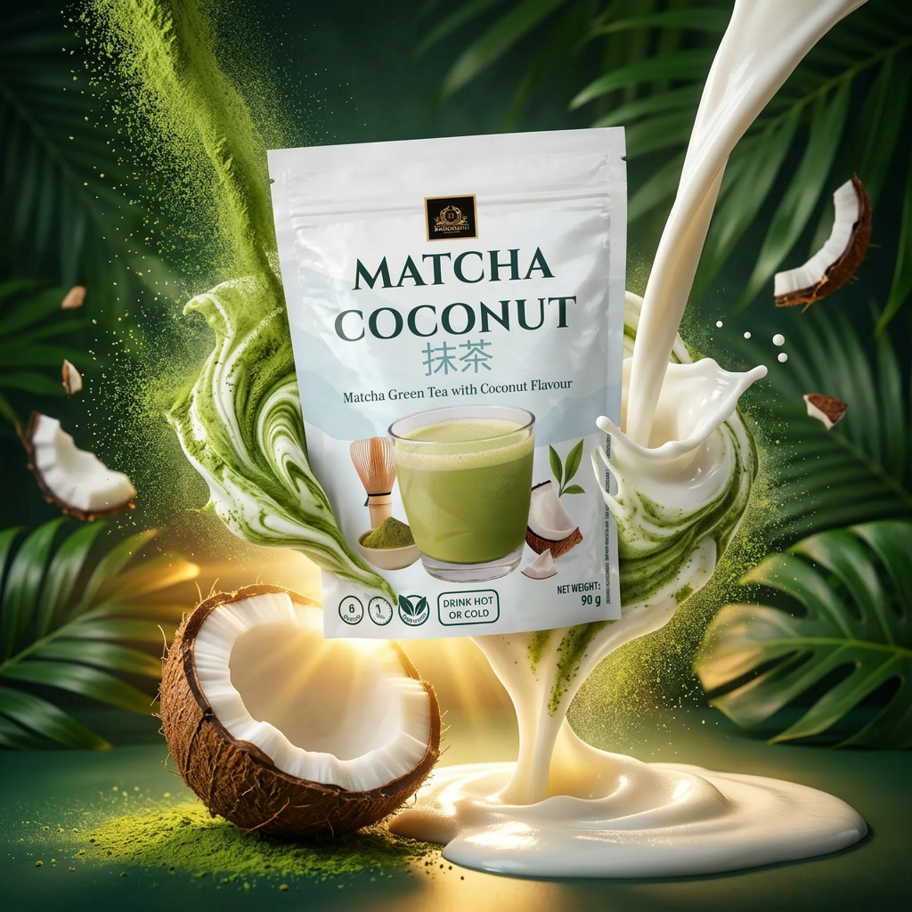 Bardollini Matcha Coconut, poudre instantanée pour latte crémeux saveur matcha japonais et noix de coco, texture veloutée façon barista, chaud ou glacé, disponible sur My American Shop.