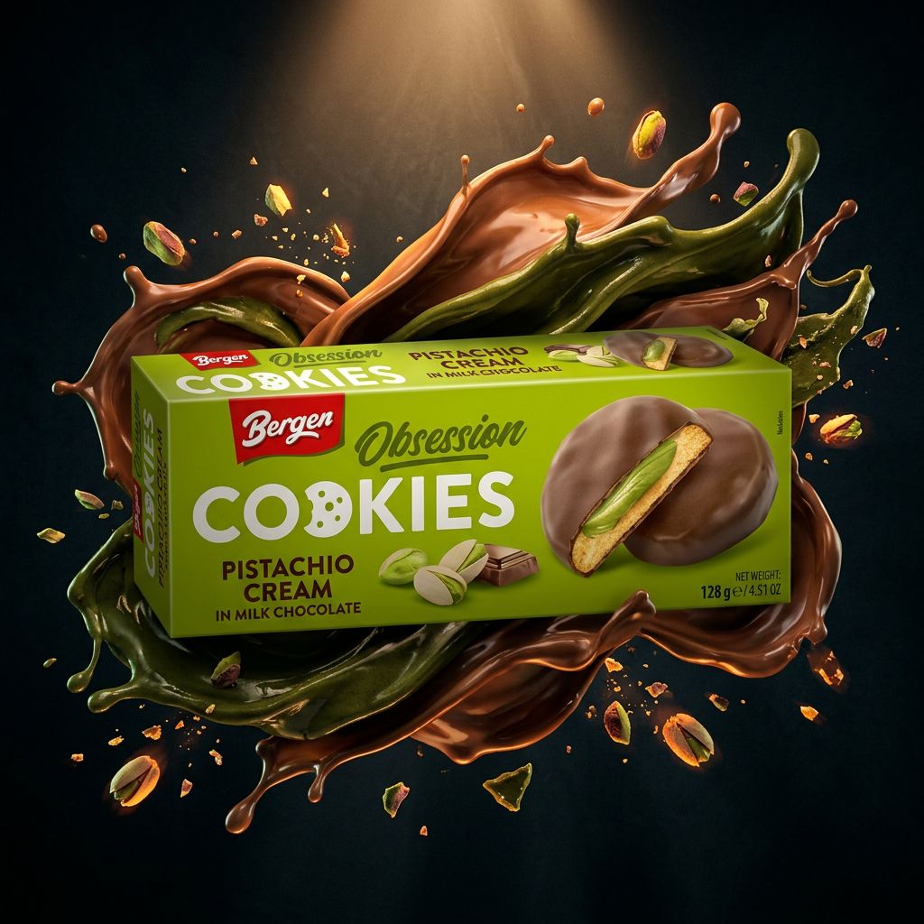 Bergen Pistachio Cream Milk Chocolate Cookie, biscuit fourré crème pistache enrobé chocolat au lait, disponible sur My American Shop