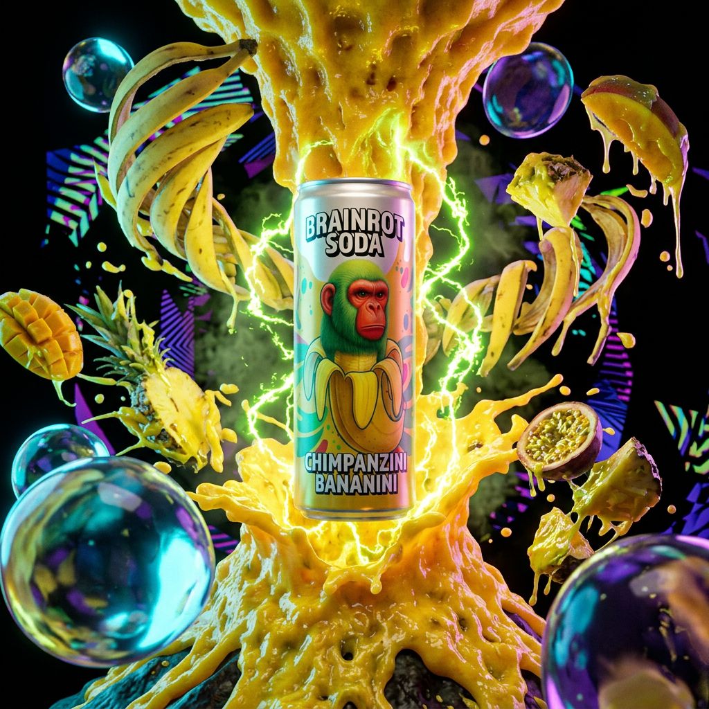 Canette Brainrot Soda Chimpanzini Bananini, saveur banane, zéro sucre, édition virale TikTok 2025, disponible sur My American Shop