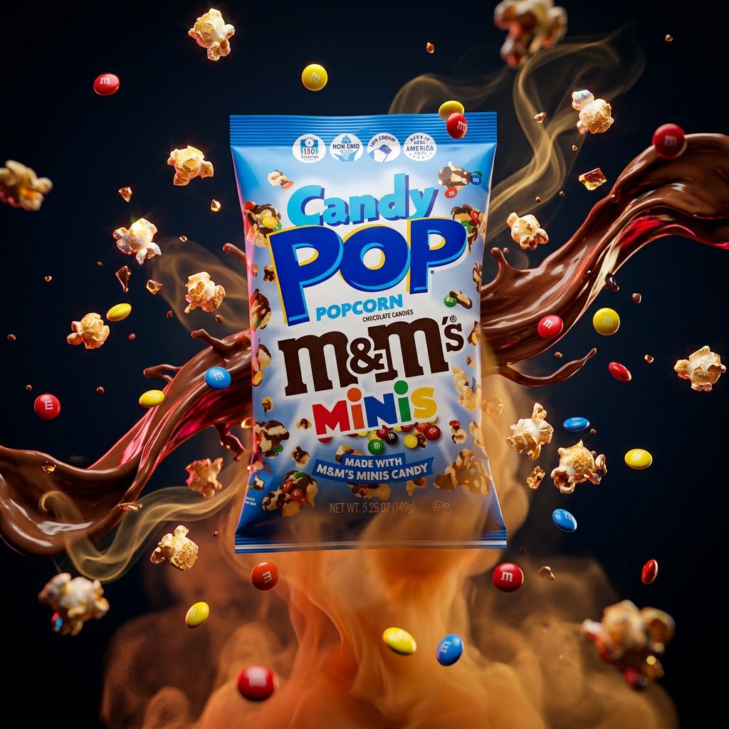 Candy Pop Popcorn M&M's Minis, snack américain chocolat et maïs soufflé, disponible sur My American Shop