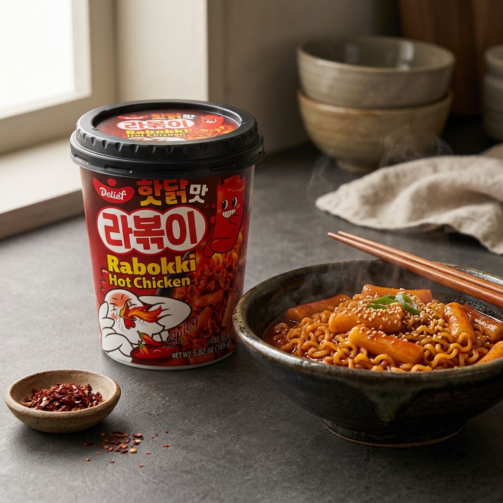 Delief Rabokki Hot Chicken, snack coréen instantané gâteaux de riz et nouilles saveur piment, disponible sur My American Shop