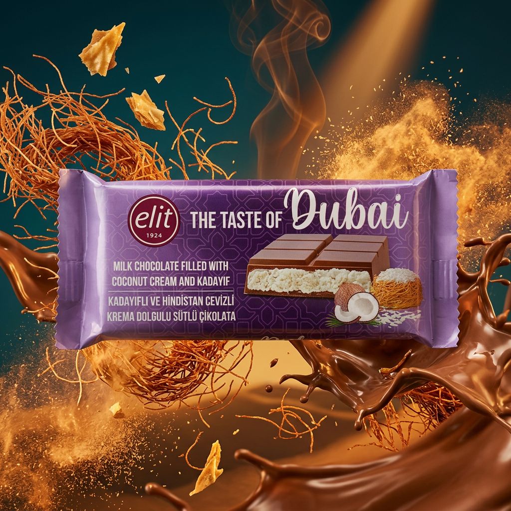 Tablette Elit Dubai chocolat au lait, crème coco et kadayif croustillant, inspiration pâtisserie orientale, disponible sur My American Shop