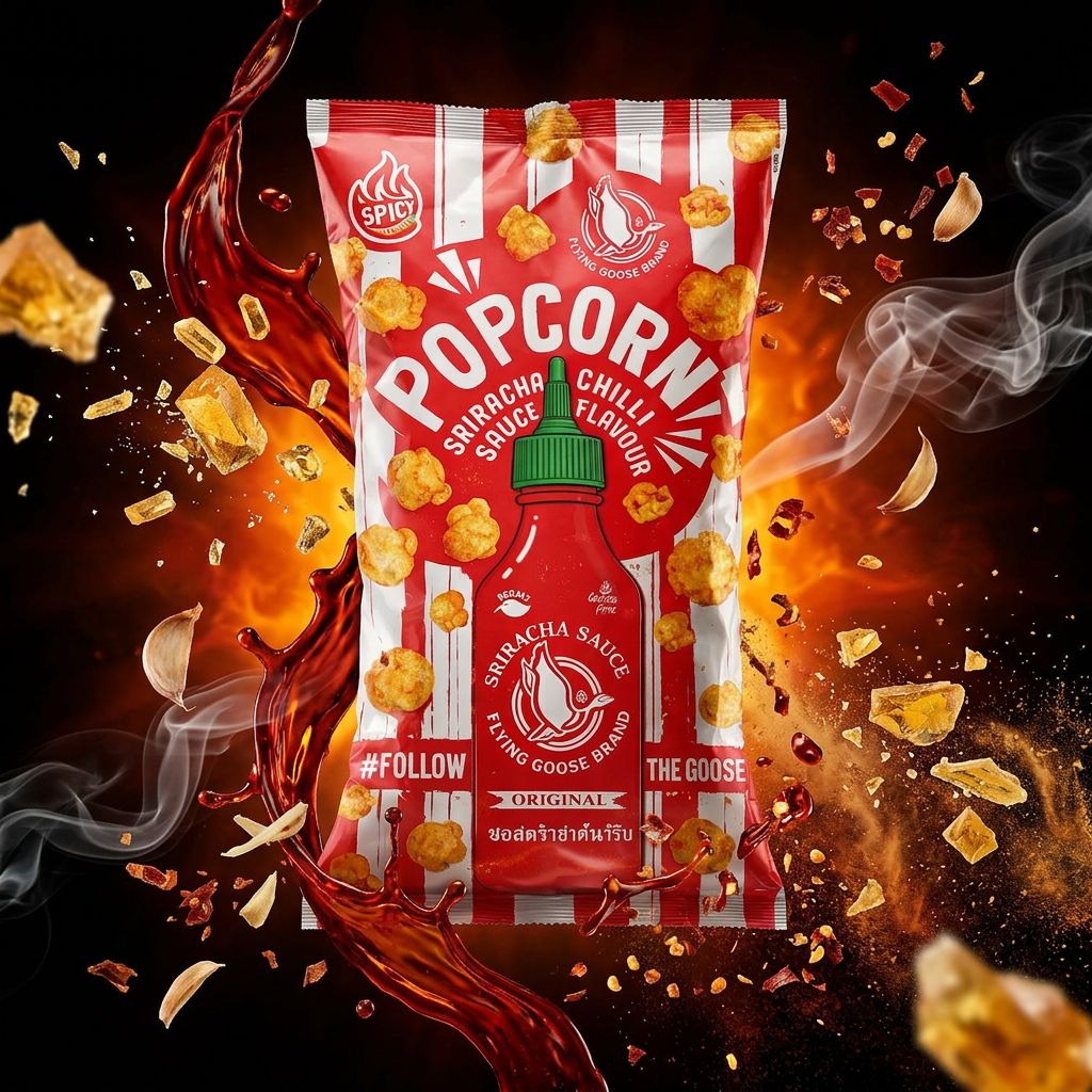 Flying Goose Sriracha Chilli Popcorn, snack épicé sucré d'origine thaïlandaise, disponible sur My American Shop
