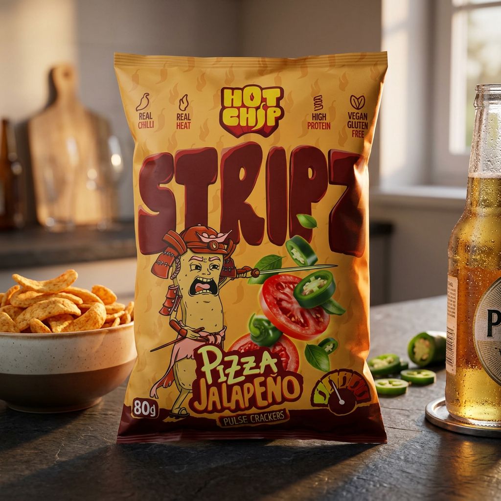 Hot Chip Stripz Pizza Jalapeño, snack épicé format bâtonnets base pois, disponible sur My American Shop