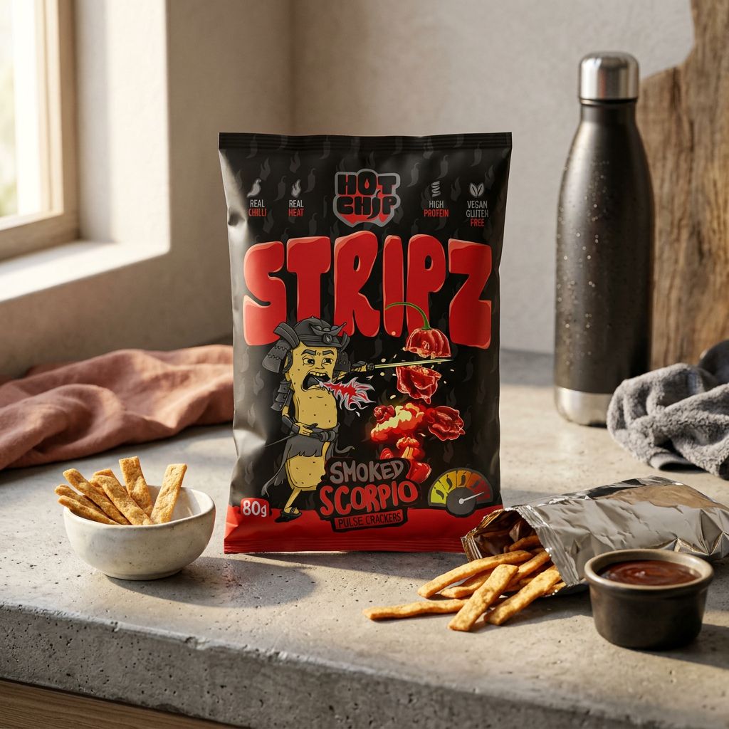 Hot Chip Stripz Smoked Scorpio, snack épicé protéiné en bandelettes au piment scorpion fumé, disponible sur My American Shop