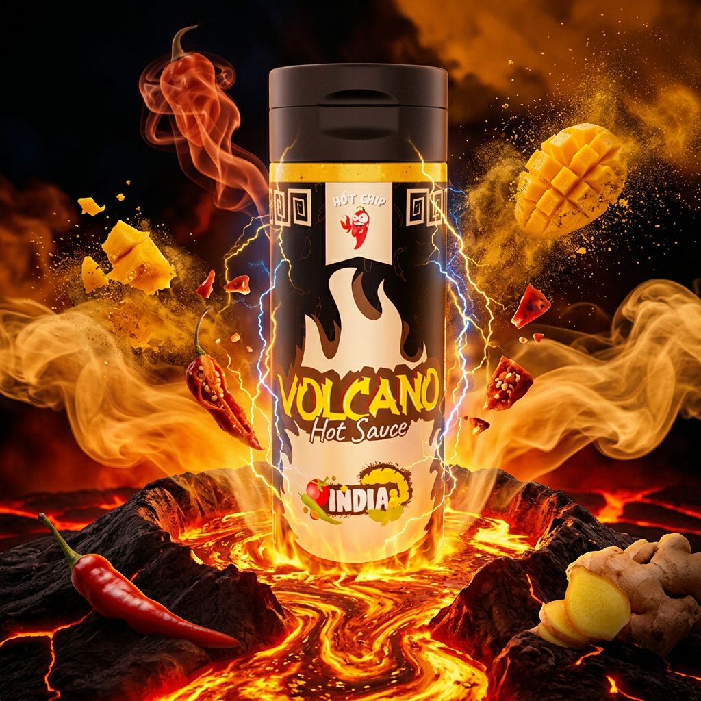 Hot Chip Volcano India Hot Sauce mangue curry Ghost Pepper, sauce pimentée allemande en bouteille, disponible sur My American Shop