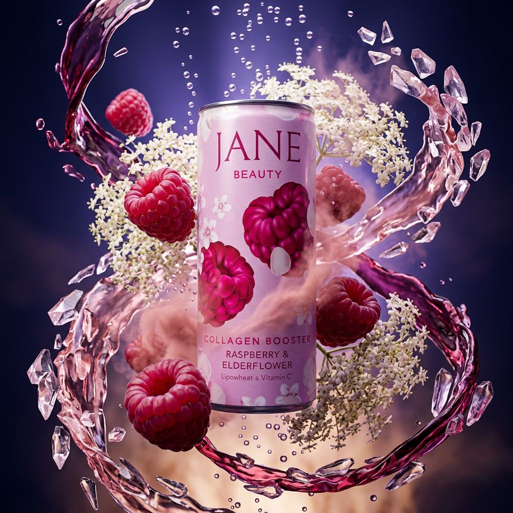 Jane Beauty Raspberry & Elderflower, boisson fonctionnelle pétillante framboise sureau, disponible sur My American Shop