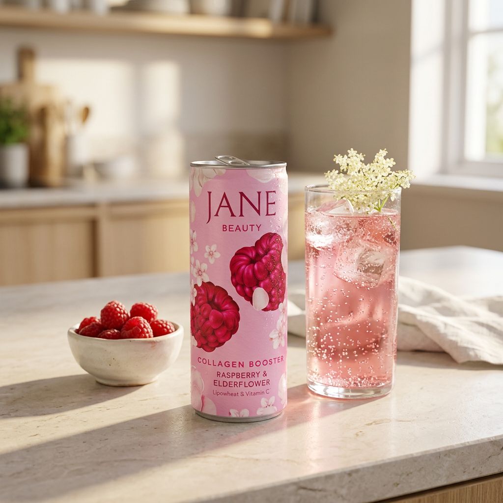 Jane Beauty Raspberry & Elderflower, boisson fonctionnelle pétillante framboise sureau, disponible sur My American Shop