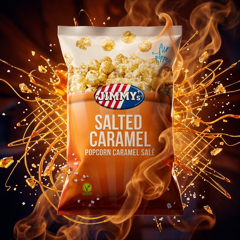 Autour du paquet de Jimmy's pop Corn Salted Caramel en lévitation, dans un univers dynamique, gravitent des éclats de caramel et des cristaux de sel – disponible sur My American Shop