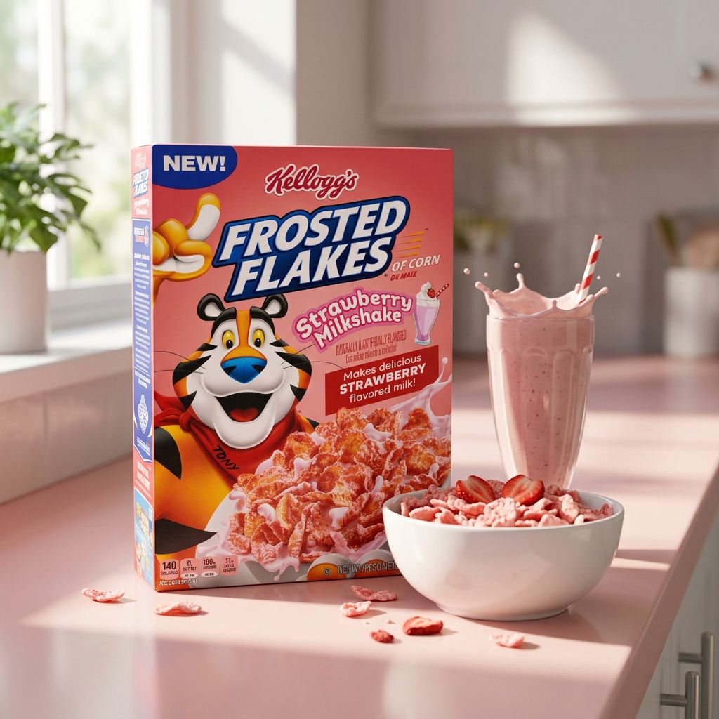 Kellogg's Frosted Flakes saveur milkshake fraise, céréales américaines croustillantes, disponible sur My American Shop