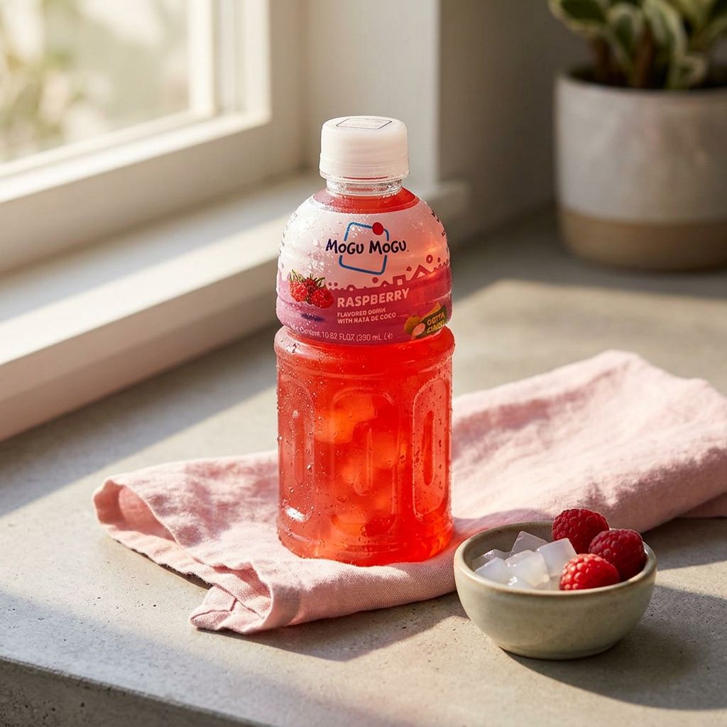 Mogu Mogu Raspberry, boisson thaïlandaise framboise avec nata de coco, 320ml, disponible sur My American Shop