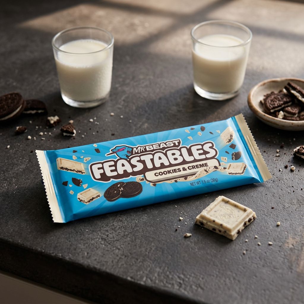 Feastables MrBeast Cookies and Cream, barre chocolatée americaine, import USA, disponible sur My American Shop