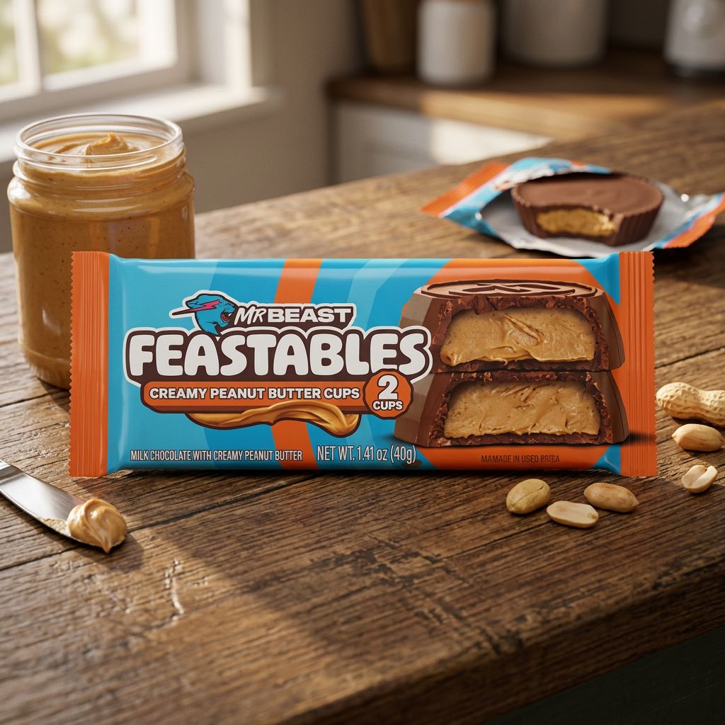 Feastables Cups Creamy Peanut Butter by MrBeast, cup chocolat fourré beurre cacahuète, importé USA, disponible sur My American Shop