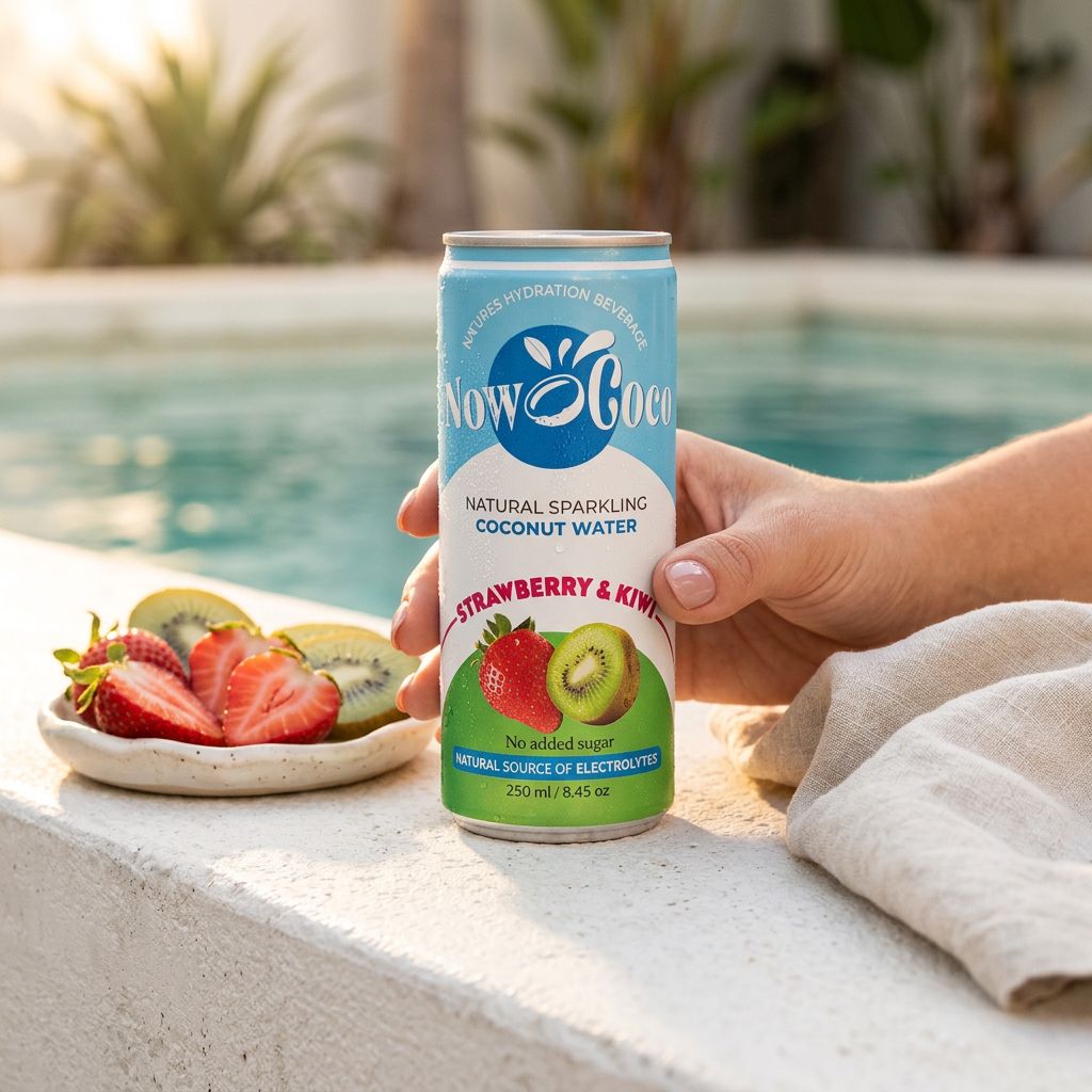 Now Coco Sparkling Coconut Water Fraise Kiwi, eau de coco pétillante importée des USA, disponible sur My American Shop