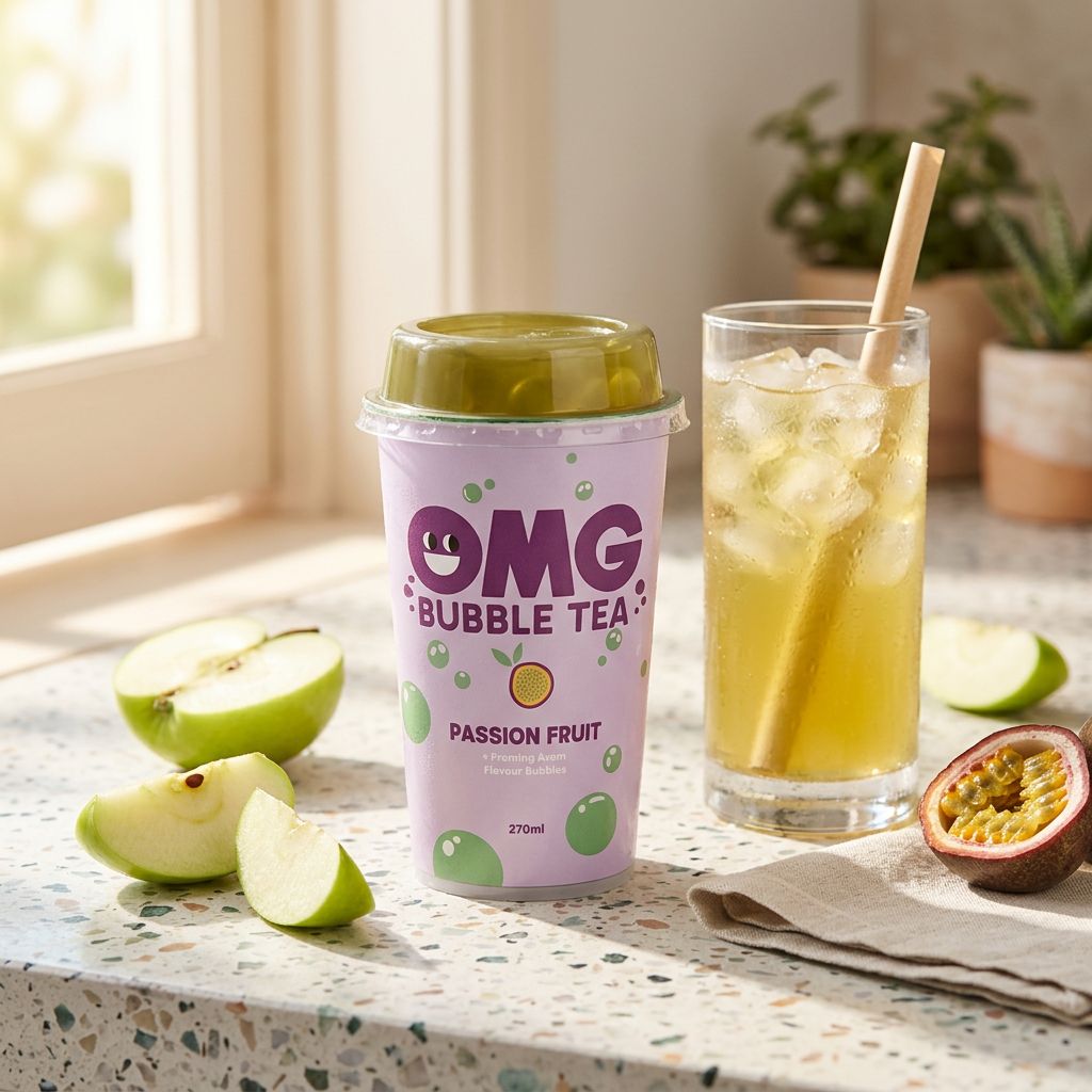 OMG Bubble Tea Passion Fruit Green Apple, boisson fruitée au thé vert, disponible sur My American Shop