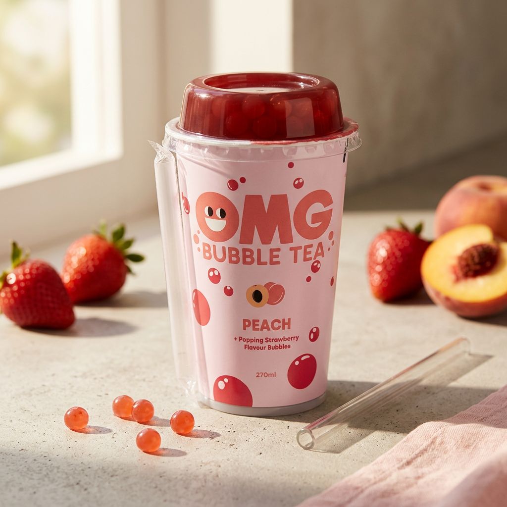 OMG Bubble Tea Pêche Fraise en canette avec perles, boisson boba prête à boire, disponible sur My American Shop