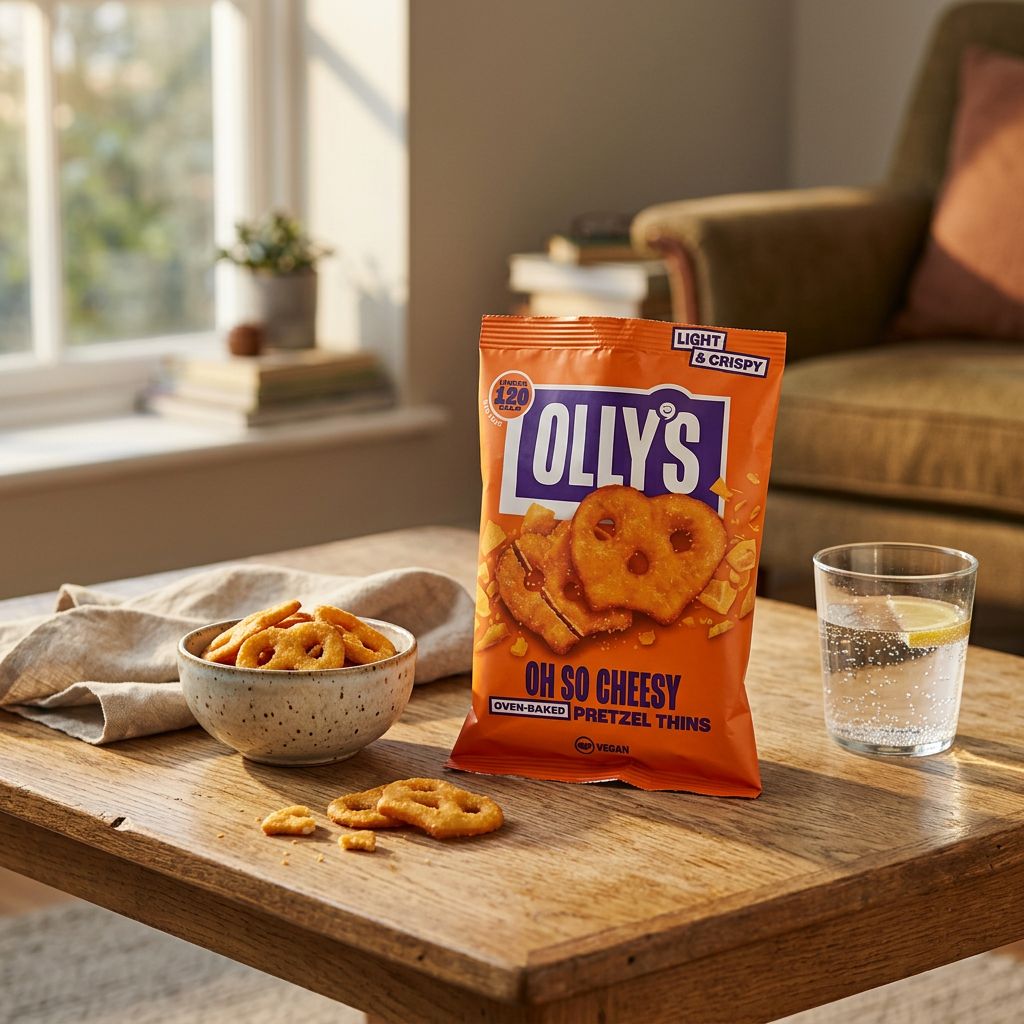 Olly's Pretzel Thins Cheesy, snack britannique fin et croustillant au fromage, disponible sur My American Shop