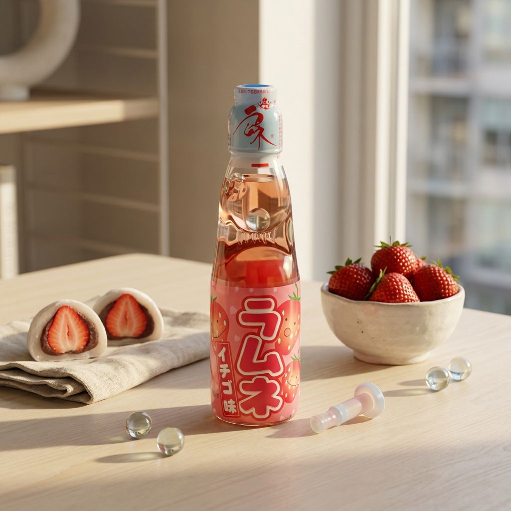 Ramune Hatakosen Strawberry, soda japonais en bouteille verre Codd-neck saveur fraise, disponible sur My American Shop