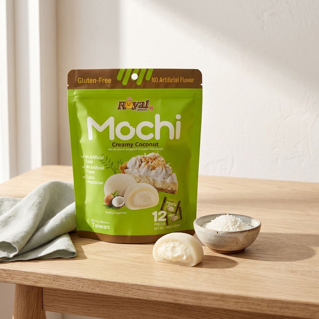 Royal Family Mochi Creamy Coconut, mochi taïwanais garniture noix de coco crémeuse, disponible sur My American Shop