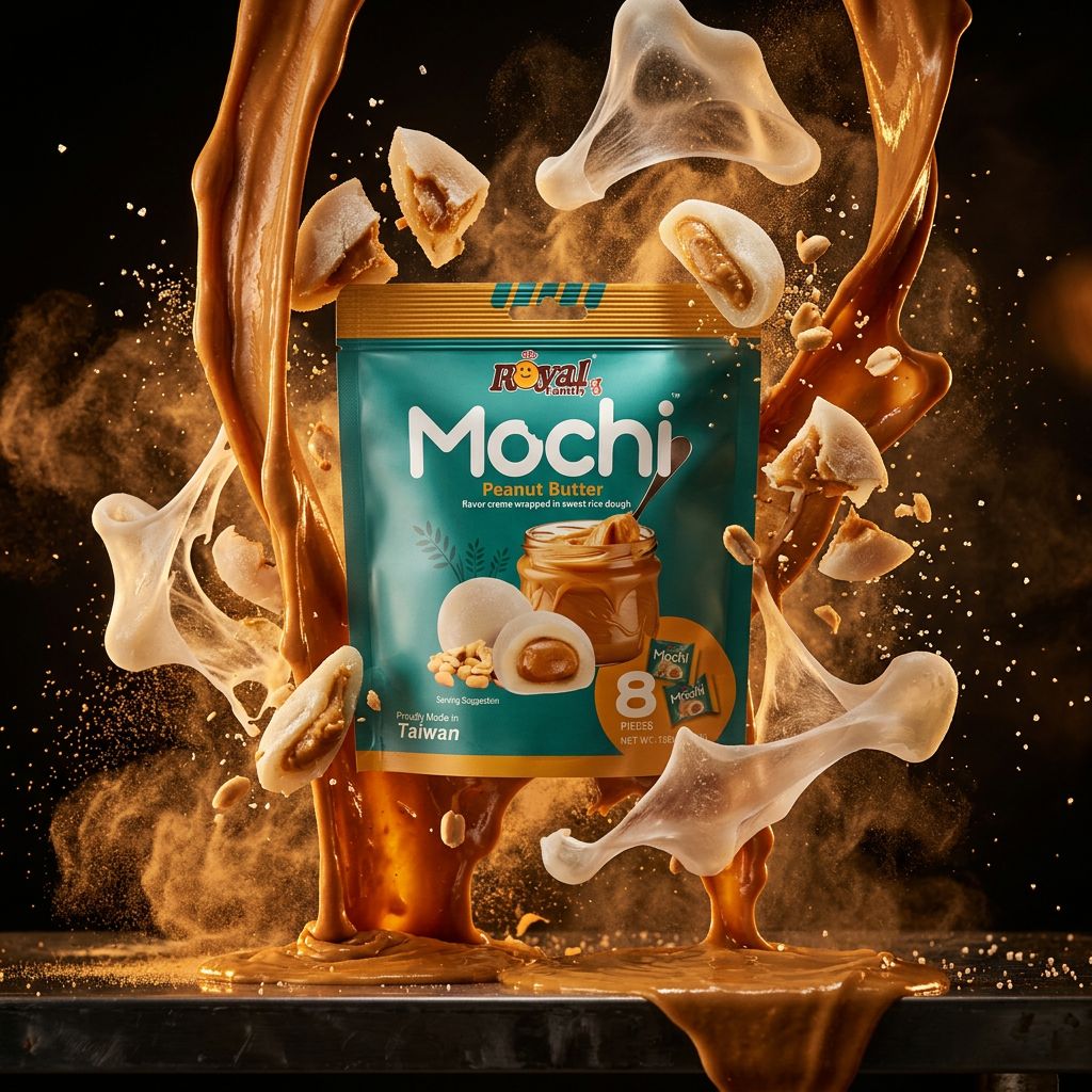 Royal Family Mochi Small Peanut Butter, bouchées riz gluant fourrage cacahuète, format snack, origine Taïwan, disponible sur My American Shop