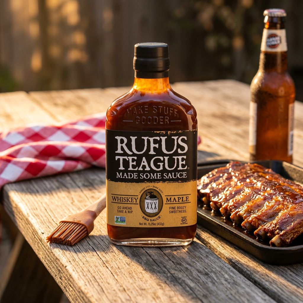 Sauce BBQ Rufus Teague Whiskey Maple, origine Kansas City USA, format bouteille, disponible sur My American Shop
