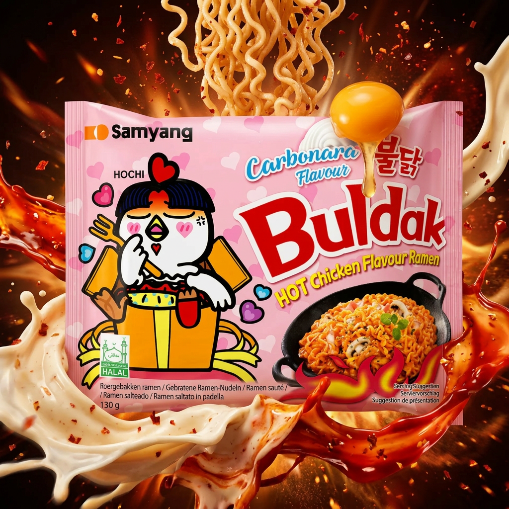 Samyang Ramen Hot Chicken Carbo, nouilles instantanées coréennes saveur poulet épicé sauce carbonara crémeuse, alliance feu et douceur en un bol, disponible sur My American Shop.