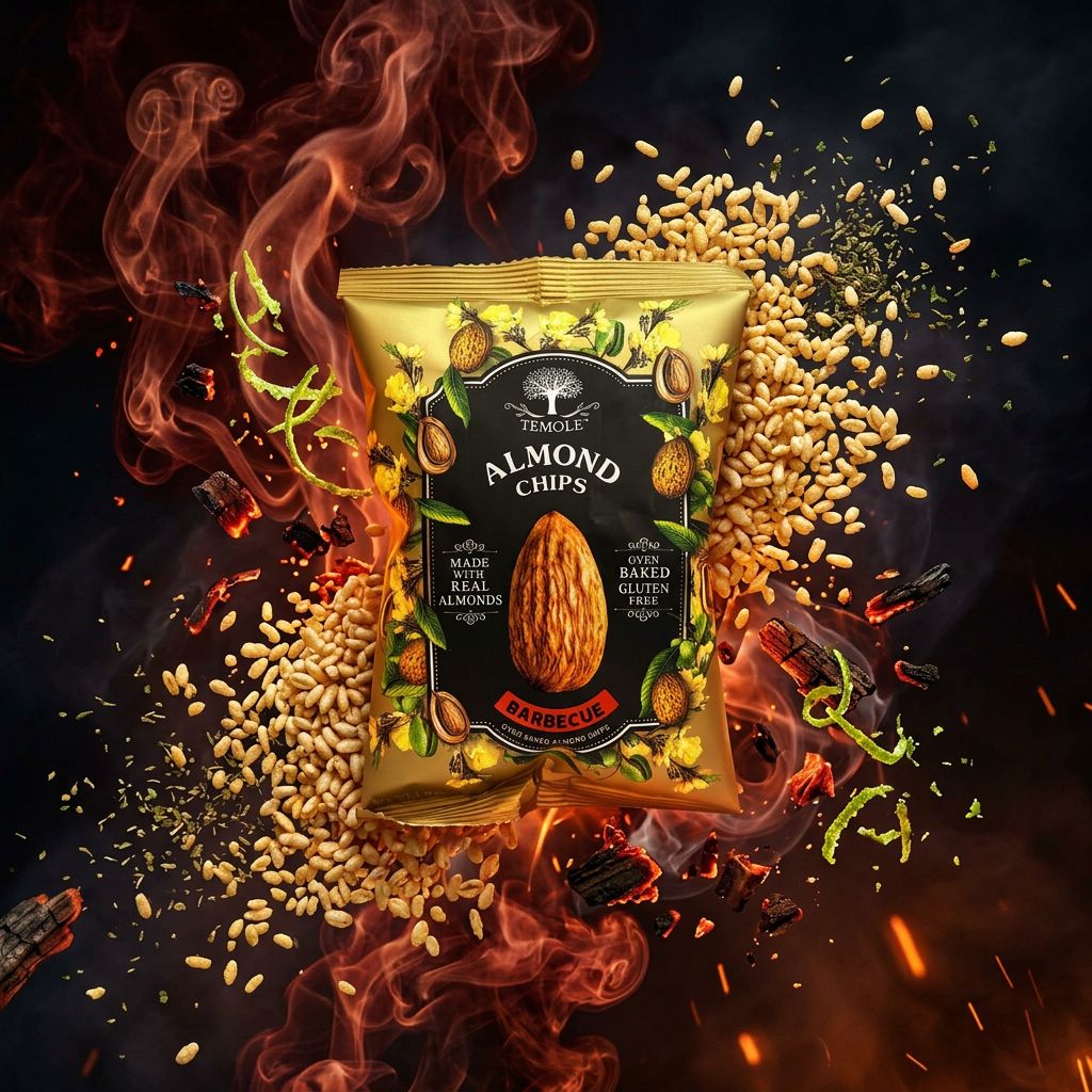 Temole Almond Chips Barbecue, snack croustillant sans gluten au riz brun soufflé, saveur BBQ fumé, disponible sur My American Shop