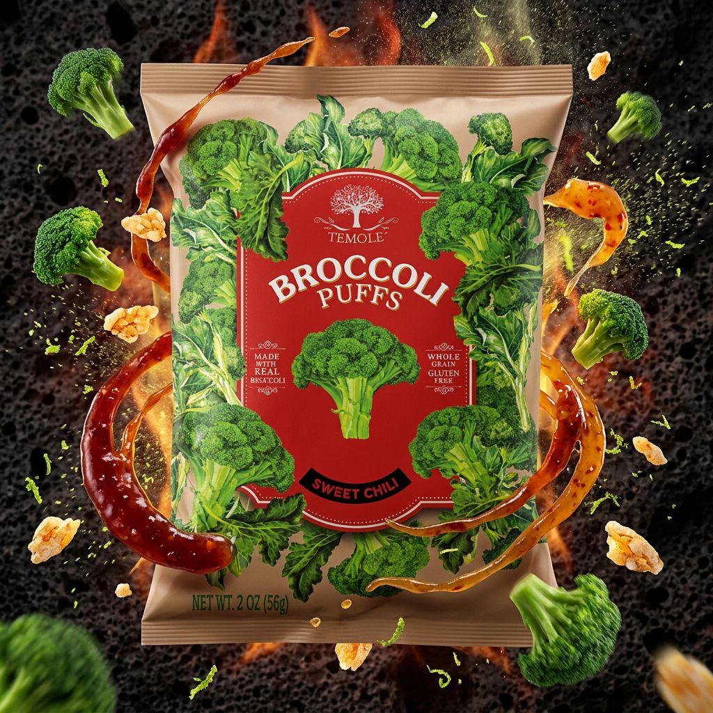 Temole Broccoli Puffs Sweet Chili, snack soufflé brocoli et riz importé, disponible sur My American Shop