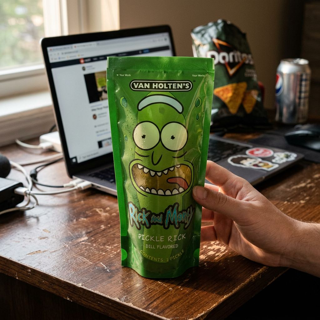 Van Holten's Rick and Morty Pickle, cornichon géant américain en sachet individuel, édition collector, disponible sur My American Shop