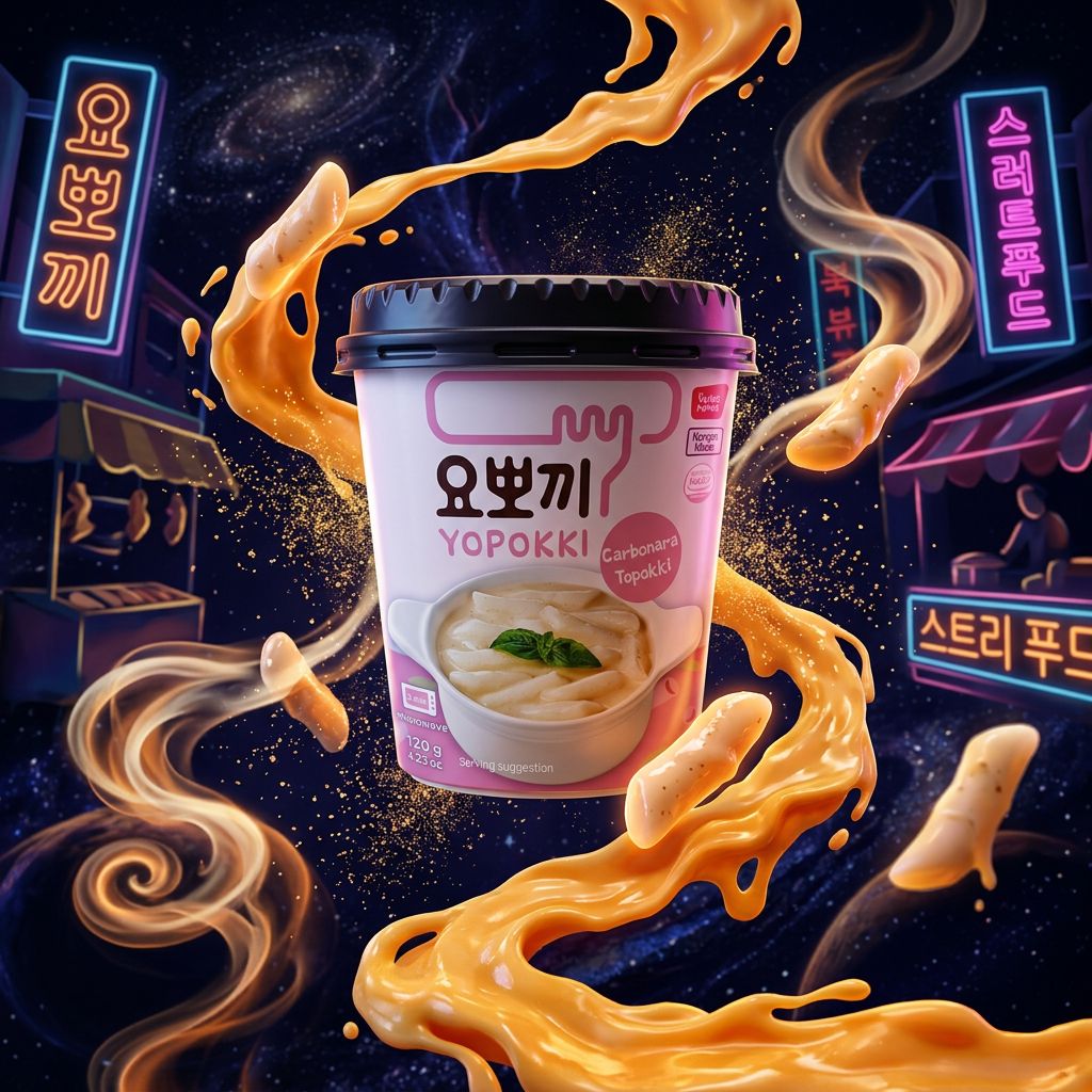 Yopokki Cup Topokki Carbonara de Youngpoong, tteok-bokki sauce crémeuse fromagère, format cup coréen, disponible sur My American Shop