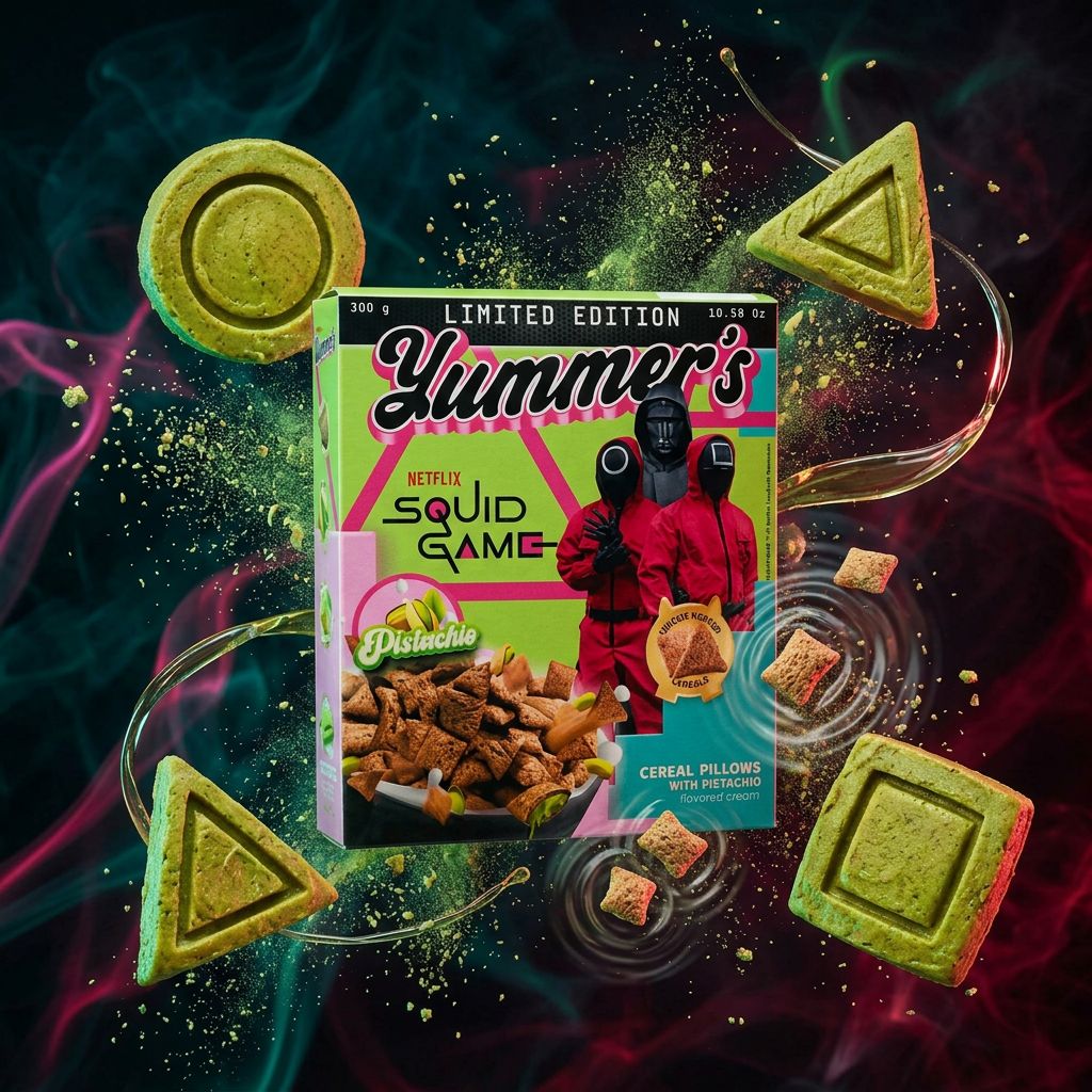 Yummer's Squid Game Cereal pistache, céréales américaines importées aux formes iconiques, disponible sur My American Shop