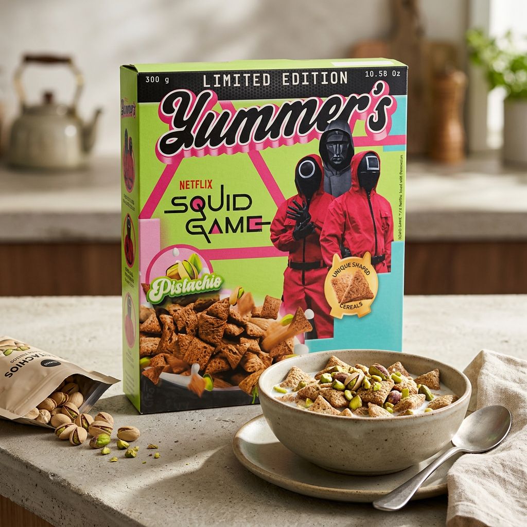 Yummer's Squid Game Cereal pistache, céréales américaines importées aux formes iconiques, disponible sur My American Shop