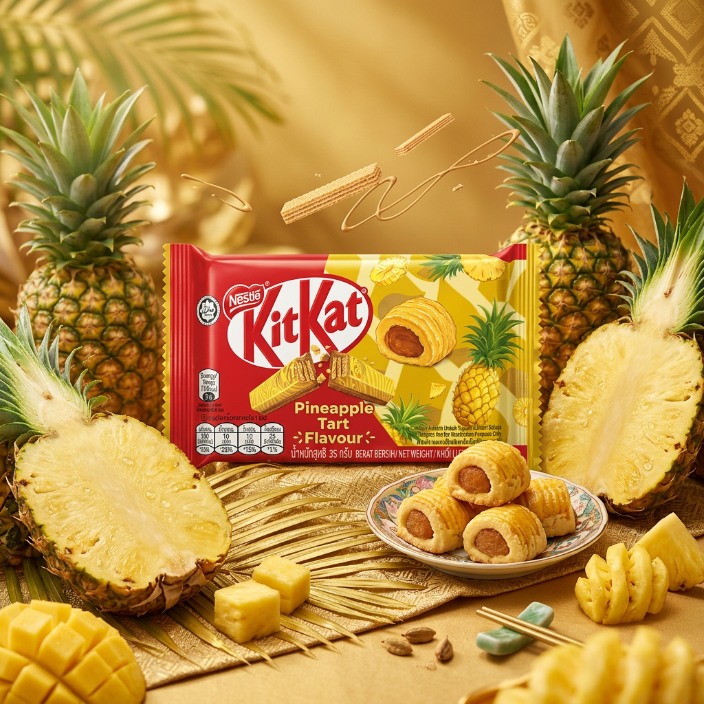 KitKat Pineapple Tart edition import Malaisie, barre chocolatée wafer saveur tarte à l'ananas inspirée des pâtisseries asiatiques, enrobage chocolat au lait fondant et couches croustillantes, édition spéciale Nestlé Asie disponible sur My American Shop