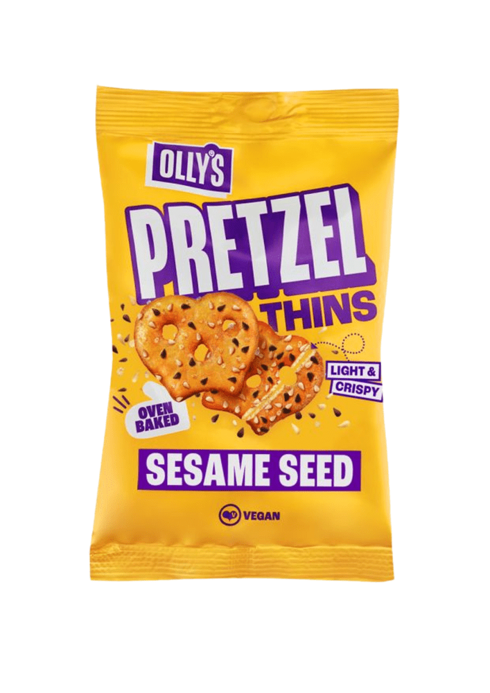Olly's Pretzel Thins Multi Seed & Sesam, snack croustillant cuit au four aux graines de sésame blanc et noir torréfiées – disponible sur My American Shop
