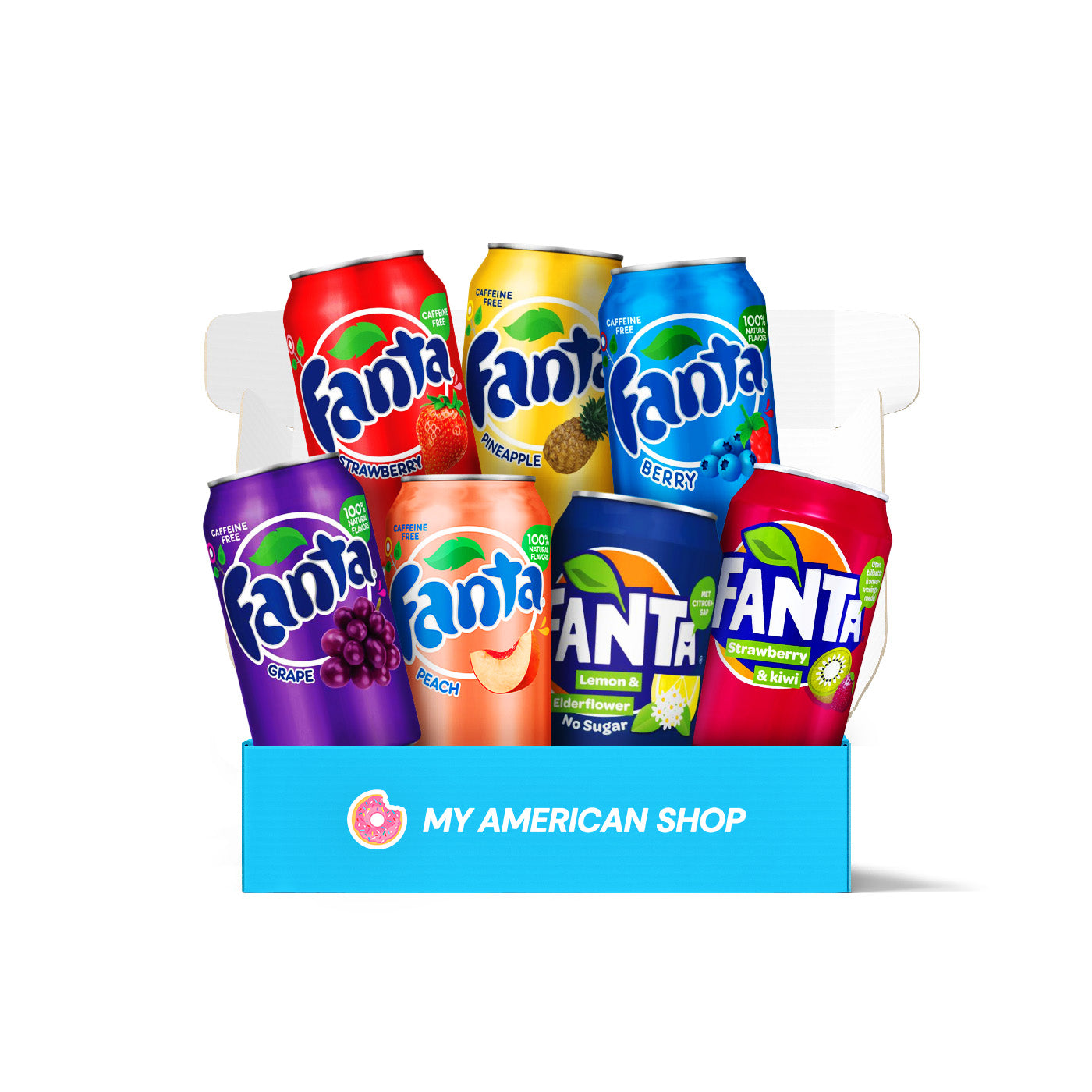 Un carton rectangulaire bleu contenant des Fanta de toutes les couleurs; bleu, mauve, rouge, jaune, etc. Le tout sur fond blanc