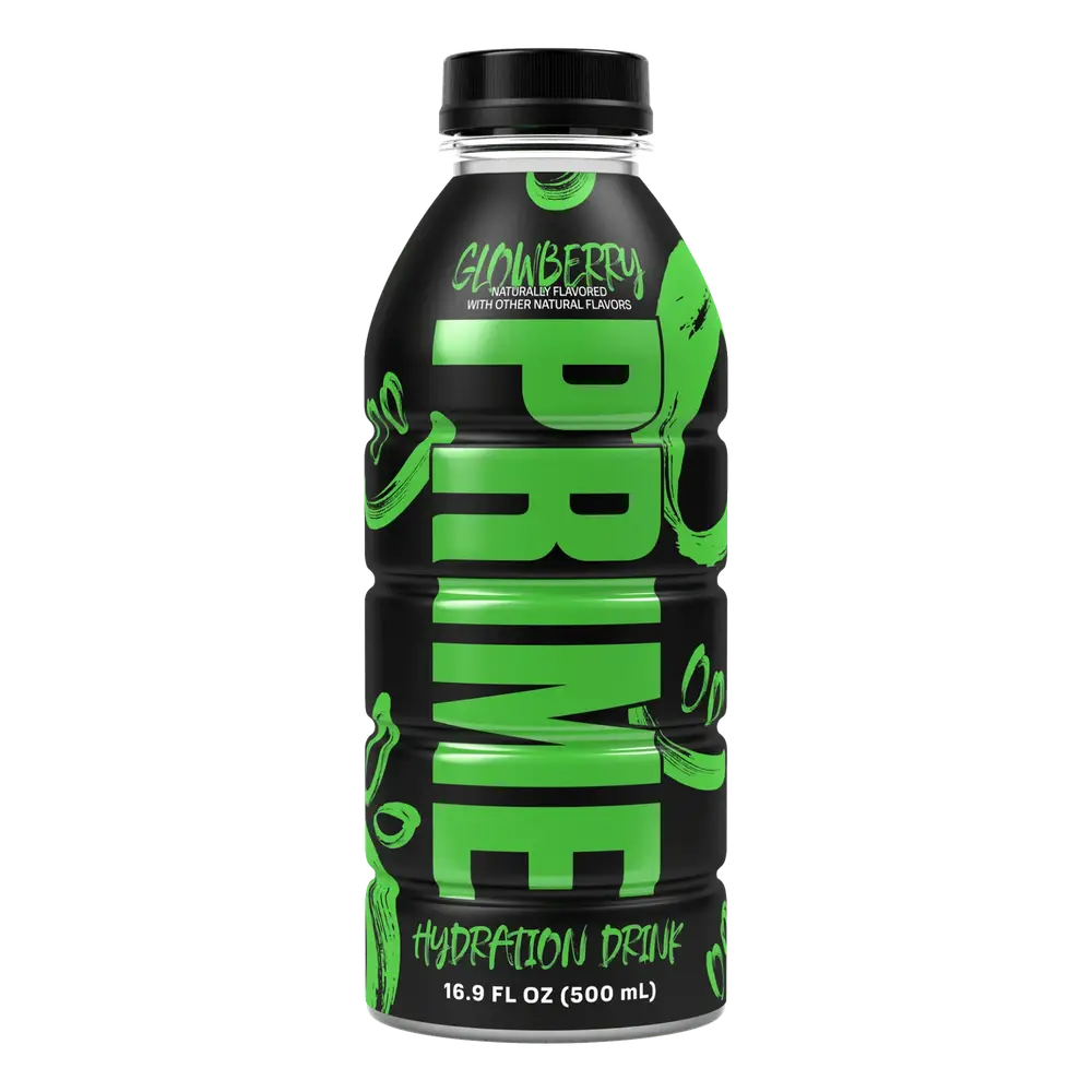 Une bouteille noir avec un capuchon noir, au centre il est écrit verticalement « Prime » en vert. Le tout sur fond blanc