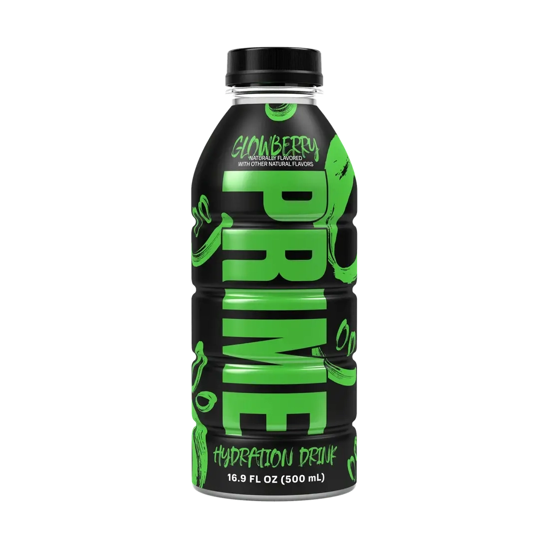 Une bouteille noir avec un capuchon noir, au centre il est écrit verticalement « Prime » en vert. Le tout sur fond blanc