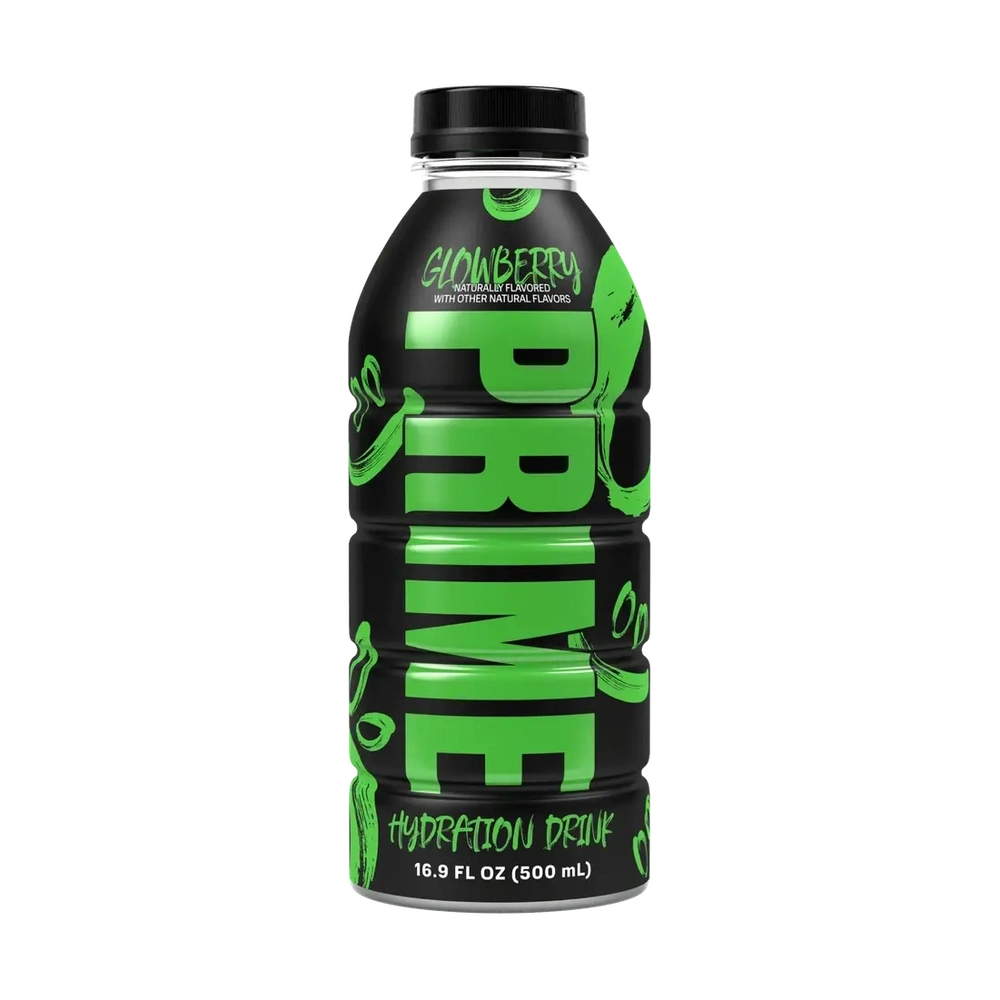 Une bouteille noir avec un capuchon noir, au centre il est écrit verticalement « Prime » en vert. Le tout sur fond blanc