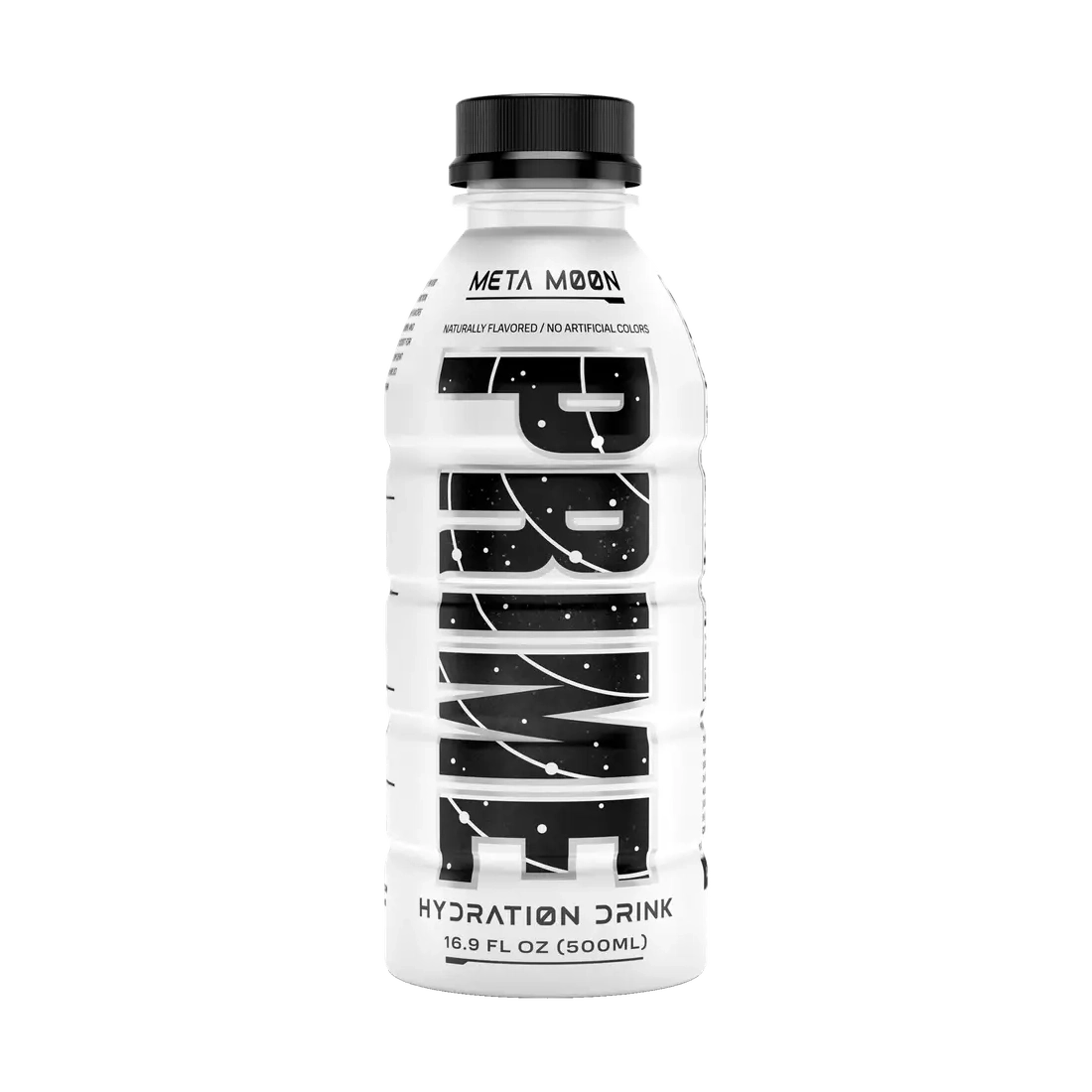 Une bouteille blanche avec un capuchon noir, au centre il est écrit verticalement « Prime » en noir. Le tout sur fond blanc