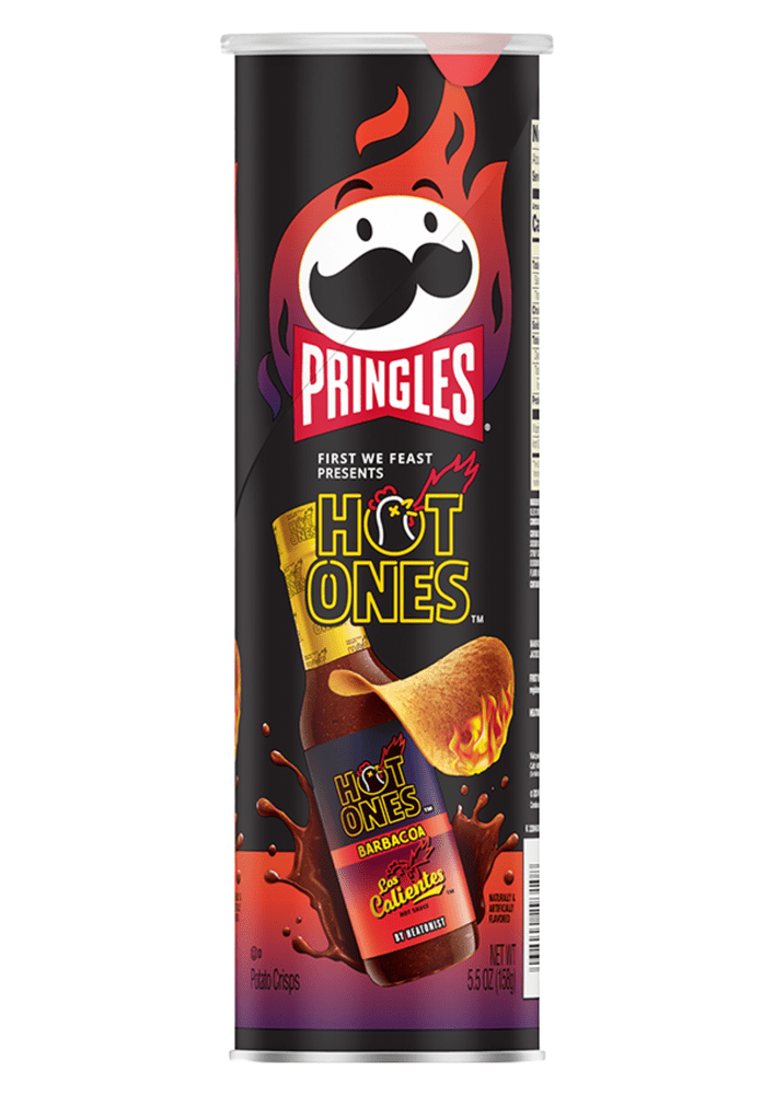 Pringles Hot Ones Barbacoa, chips américaines édition limitée saveur sauce piquante barbacoa chipotle jalapeño fumé, boîte US originale