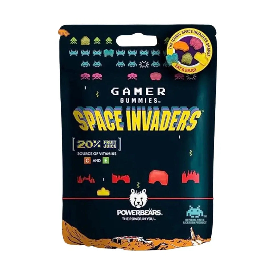 Un emballage noir sur fond blanc avec des petites créatures colorés de jeu vidéo et au centre il est écrit en jaune « Space Invaders »