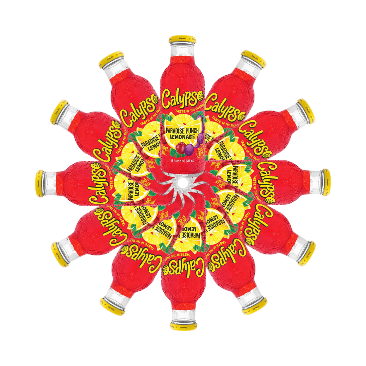 Plusieurs bouteilles rouges entassées les unes sur les autres sur un fond blanc. Le tout forme une rosace