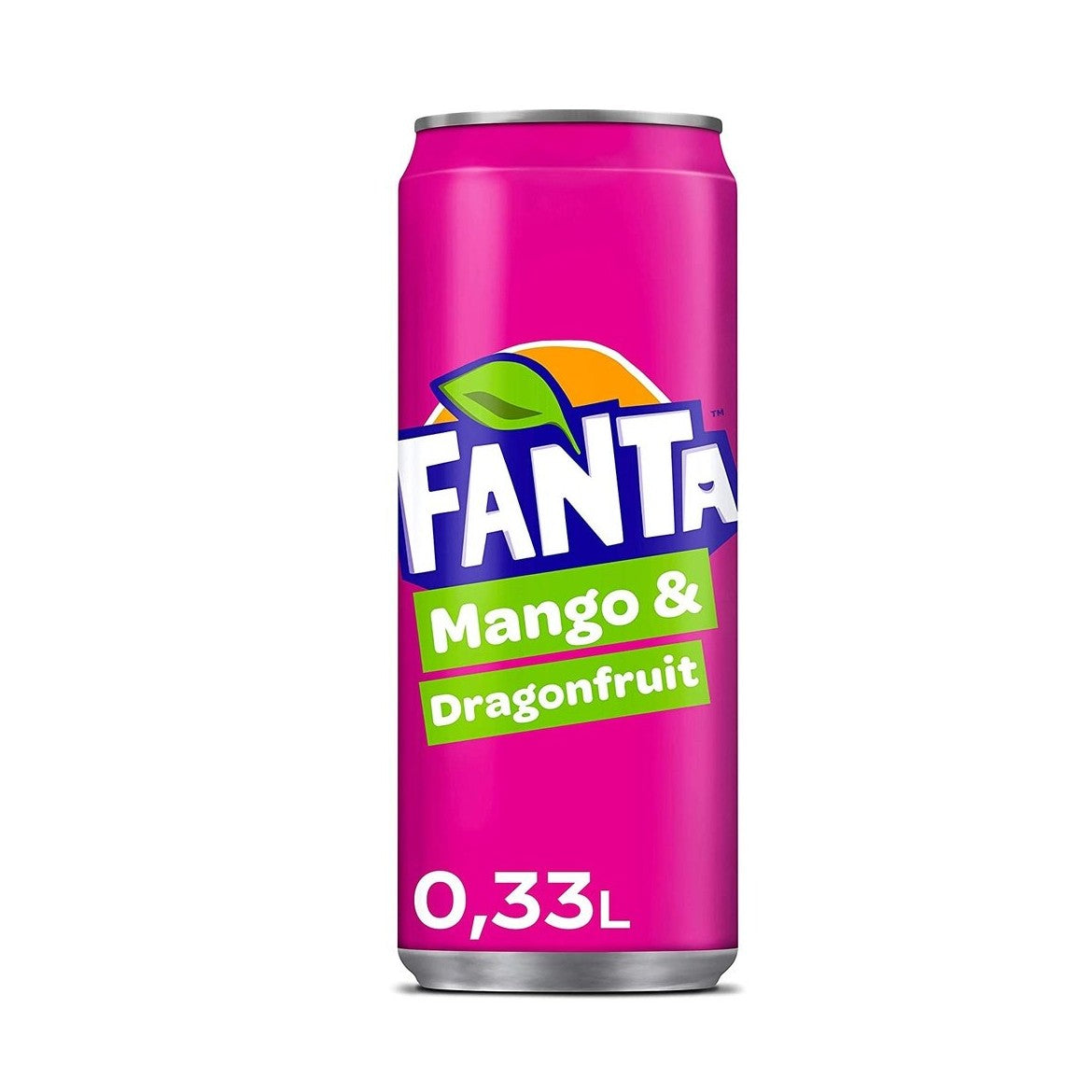Une grande canette rose sur fond blanc avec le logo Fanta et au centre écrit en blanc dans un cadrant vert « Mango & Dragonfruit »