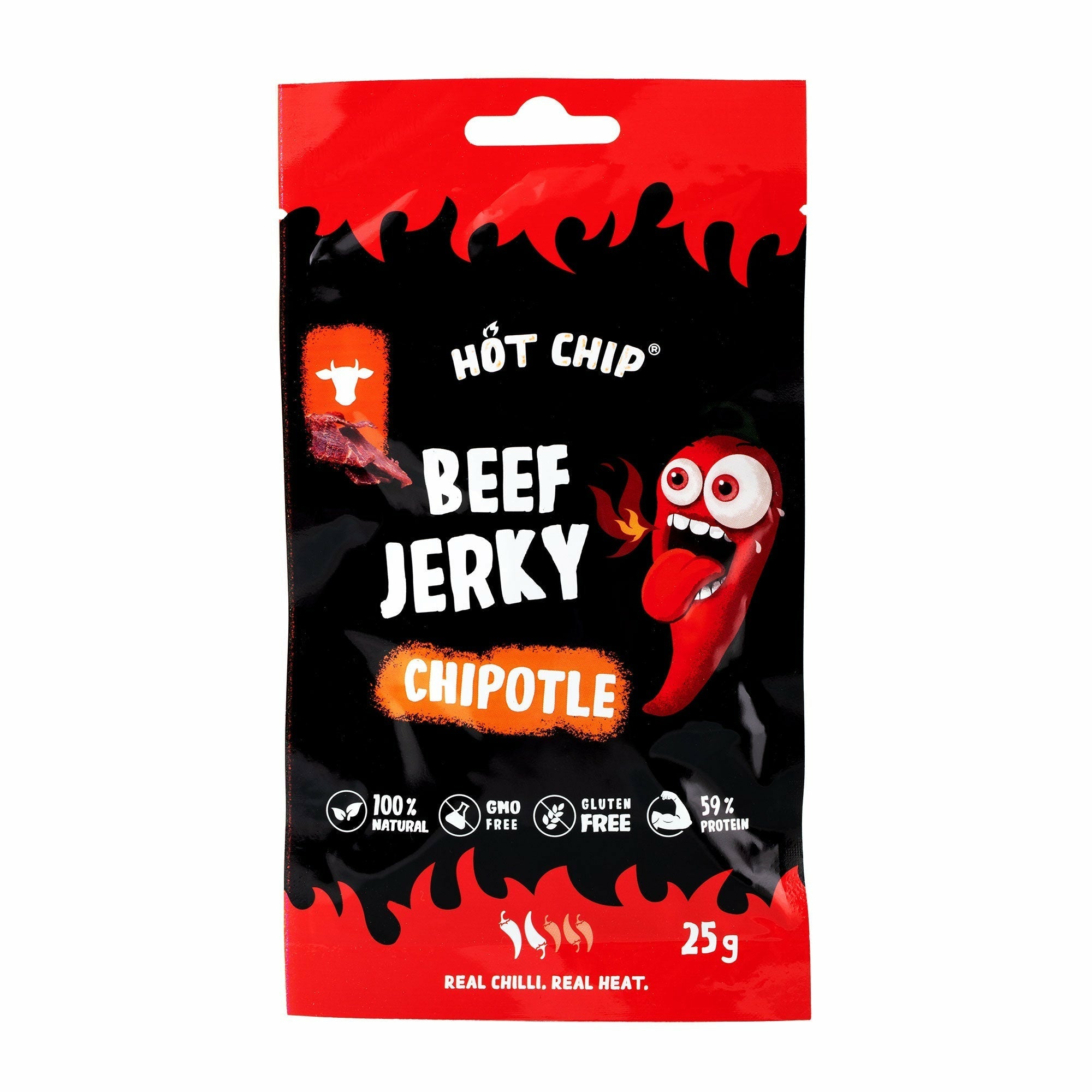 Un emballage noir et sur les extrémités verticales des flammes rouges, au centre un piment avec des yeux écarquillés et une bouche qui crache du feu. Le tout est sur un fond blanc